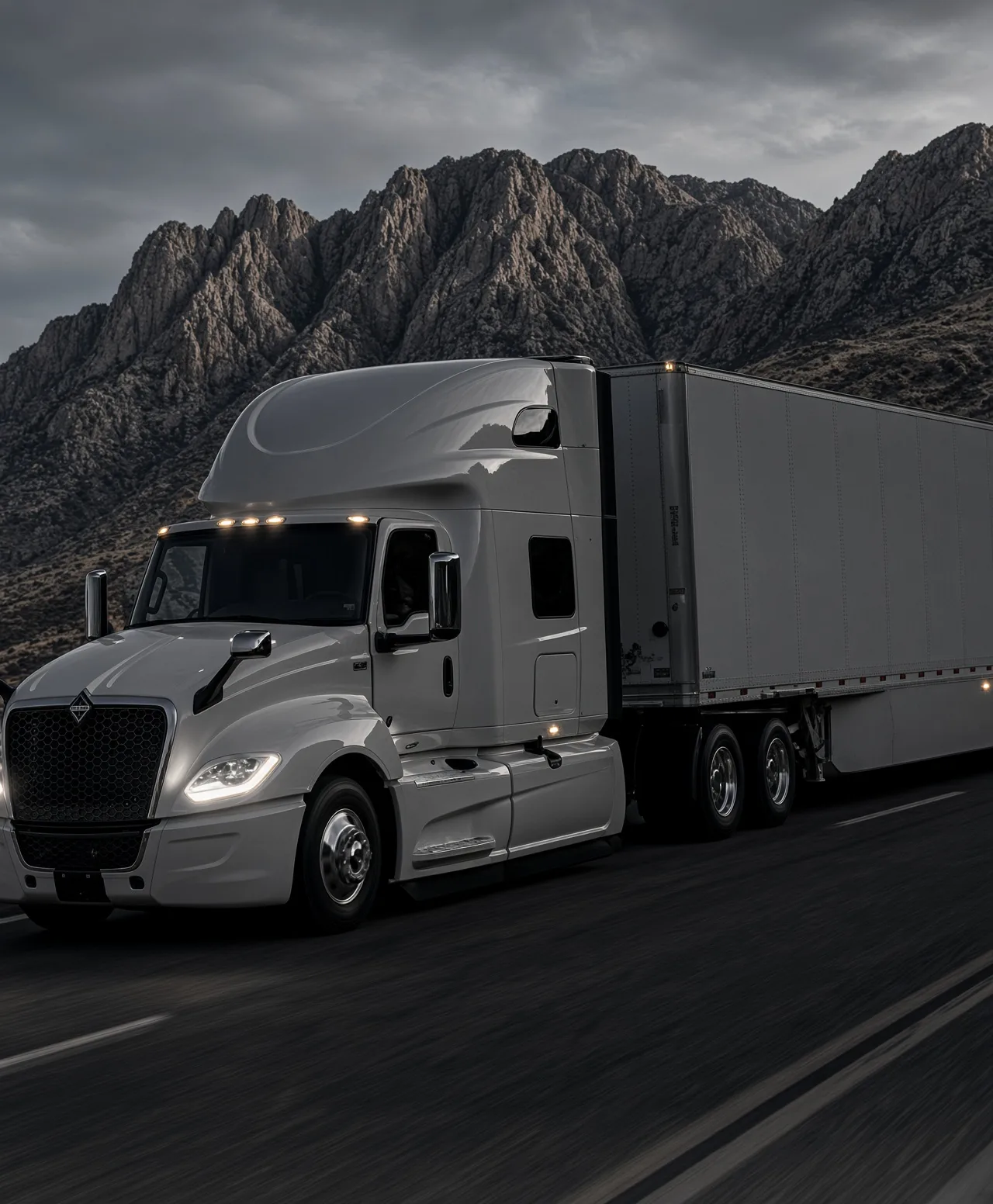 GDI Express truck on a mountain highway at dusk