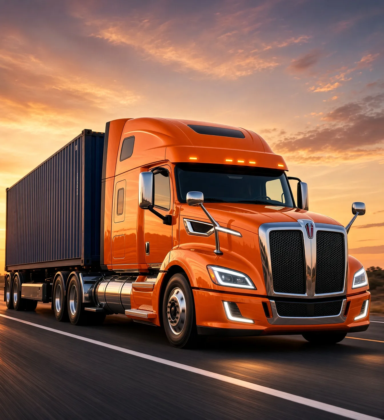 GDI Express truck hauling a container under a sunset sky